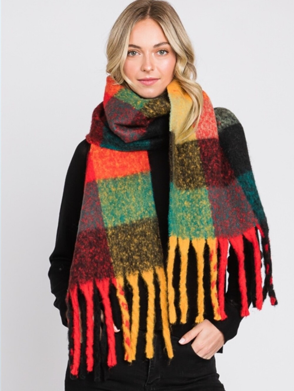 Cashmere Feeling ITALY Design Checkered Fringe Scarf - Multi - O/S